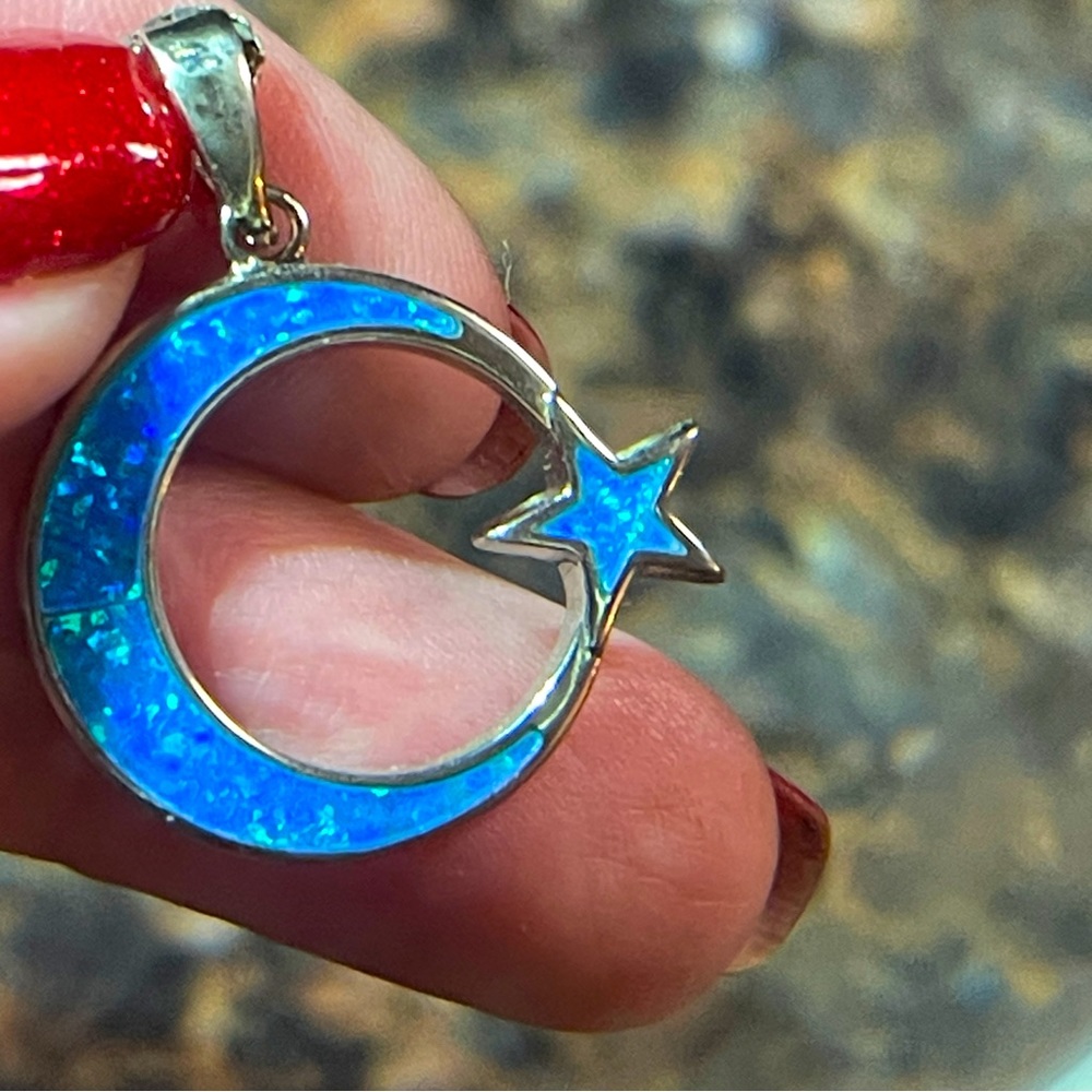 🌔Lovely Crescent Blue Fire Opal Moon and Star Sterling Silver Necklace!